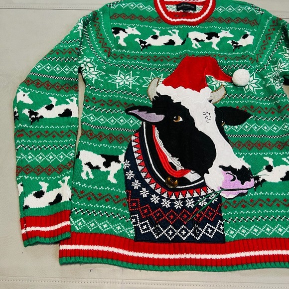 Blizzard Bay Men Ugly Xmas Office Knit Sweater Cow Santa Green M Bell Winter3823 - Picture 2 of 12